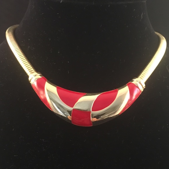 80’s Vintage Gold/Red Enamel Omega Necklace - Picture 1 of 7